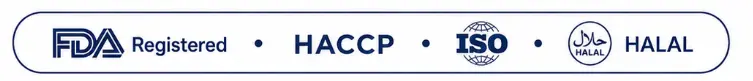 FDA Registered, HACCP, ISO and Halal certification marks