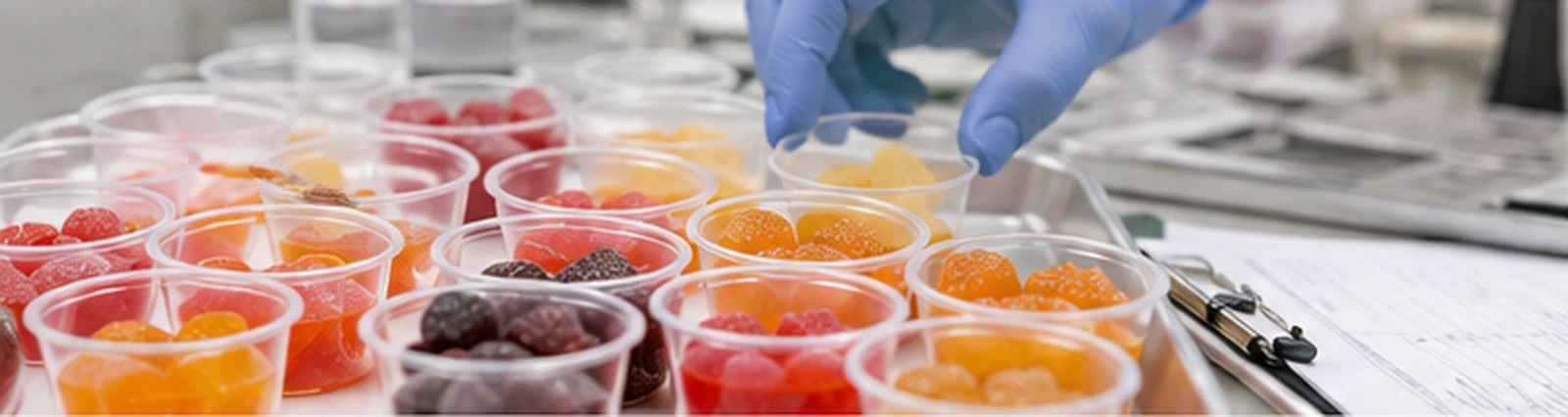 Assorted functional gummy samples prepared for flavor and sensory review